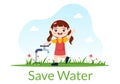 Water Saving Templates Hand Drawn Flat Cartoon Illustration for Mineral Savings Campaign with Faucet and Earth Concept Royalty Free Stock Photo