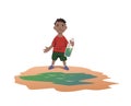 Water scarcity concept. African boy took drinking water from a dirty puddle. Bad drinking water is the cause of