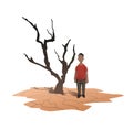 Water scarcity concept. An African man stands next to a withered tree on the cracked earth. Drought, crop failure Royalty Free Stock Photo