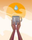 Water scarcity. hands with an empty mug, thirsty for water in a drought. Global ecology concept vector illustration Royalty Free Stock Photo