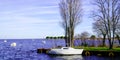 Water scene in lake in Gironde France in Carcans village with boat in winter web template panoramic header banner