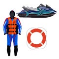 Water scooter rider equipment and protective gear vector illustration
