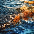 Water of the sea or ocean with reflections of the sun. The ocean reflects the rays of the setting sun. Blue and orange