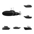 Water and sea transport black icons in set collection for design. A variety of boats and ships vector symbol stock web