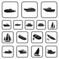 Water and sea transport black icons in set collection for design. A variety of boats and ships vector symbol stock web