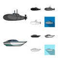 Water and sea transport cartoon,black,flat,monochrome,outline icons in set collection for design. A variety of boats and