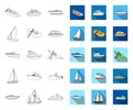 Water and sea transport outline,flat icons in set collection for design. A variety of boats and ships vector symbol