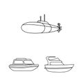 Water and sea transport outline icons in set collection for design. A variety of boats and ships vector symbol stock web