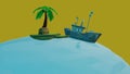 3D Illustration Water Ship Island Globe Sphere Water With Palm Tree & Orange Background