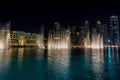 Water show in the pool and night view of the skylines near the Burj Khalifa Tower, the tallest building in the world