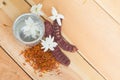 Water in silver bowl with Jasmine Safflower and Acacia concinna, Thailand Songkarn festival