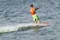 water skier trains at the cable wake park (focus on water