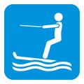 Water skier, white silhouette on blue background, vector icon