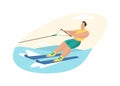 Water skiing attraction. Man in life jacket rushes over waves skis holding cable of boat Royalty Free Stock Photo