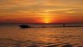 Water skiing in sea at orange sunset Royalty Free Stock Photo
