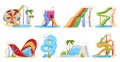 Water slides set vector flat cartoon illustration. Collection aquapark active extreme entertainment