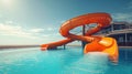 Water slides and swimming pool in aqua park. Amusement park on tourist resort Royalty Free Stock Photo