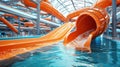 Water slides and swimming pool in aqua park. Amusement park on tourist resort Royalty Free Stock Photo