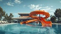 Water slides and swimming pool in aqua park. Amusement park on tourist resort Royalty Free Stock Photo