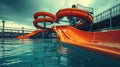 Water slides and swimming pool in aqua park. Amusement park on tourist resort Royalty Free Stock Photo