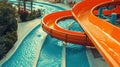 Water slides and swimming pool in aqua park. Amusement park on tourist resort Royalty Free Stock Photo