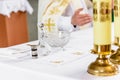 Water in small ampoules on the altar ready for Holy Mass Royalty Free Stock Photo