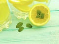 Water soda lemon organic , freshness mint drink summer on a blue wooden background