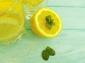 Water soda lemon organic , sugar freshness health mint summer on a blue wooden background