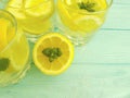 Water soda lemon sliced organic refreshment , freshness homemade health mint summer on a blue wooden background Royalty Free Stock Photo