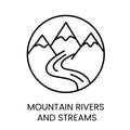 Water sources, mountain rivers and streams line vector icon for water packaging with editable stroke