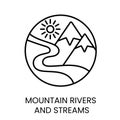 Water sources, mountain rivers and streams line vector icon for water packaging with editable stroke