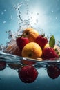 strawberry vitamin fruit food fresh drop green water healthy background. Generative AI. Royalty Free Stock Photo