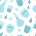 Water sparkling seamless pattern. Glasses, jug and cups with clean beverage endless background. Aqua drink repeat cover. Vector