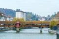 Water spike and Spreuer bridge, Lucerne, Switzerland Royalty Free Stock Photo