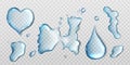 Water spills isolated on transparent background. Vector realistic set of liquid puddles different shapes, clear water drops Royalty Free Stock Photo