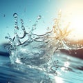 Water splash with blue sky and sun light, water drops generated by AI