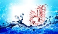 Water splash or bubbles on blue with red heart. water textured background. Royalty Free Stock Photo