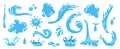 Water splash. Cartoon blue water drops, puddle, spray and waves. Nature object spatters, sputter, splashdown. Clean aqua