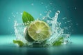 Water splash on color background with lime slices, mint leaves, and ice cubes as a concept for summertime. AI generated Royalty Free Stock Photo