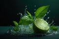 Water splash on color background with lime slices, mint leaves, and ice cubes as a concept for summertime. AI generated Royalty Free Stock Photo