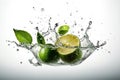 Water splash on color background with lime slices, mint leaves, and ice cubes as a concept for summertime. AI generated Royalty Free Stock Photo