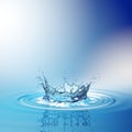 Water splash in dark blue color with a drop of water flying from above Royalty Free Stock Photo