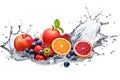 Water splash with fresh apples, oranges, strawberries, blueberries and raspberries isolated against a white background. Generative