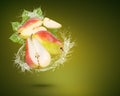 Water splash on fresh pears with leaves isolated on green background Royalty Free Stock Photo