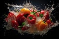 Water splash with fresh red and yellow paprika on black background Royalty Free Stock Photo