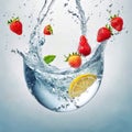 Water splash with fruits and ice cube. 3d rendering, 3d illustration.