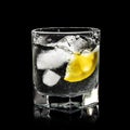 water splash in glass for alcohol with pure ice and yellow lemon Royalty Free Stock Photo