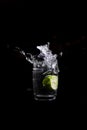 Water splash from glass by dropped lemon in black background. Royalty Free Stock Photo