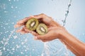 Water splash, hands of woman and kiwi in studio on a blue background. Cleaning, hygiene and female model washing fruits