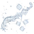 Water splash with ice cubes and water droplets isolated. Clipping path included. 3D illustration Royalty Free Stock Photo